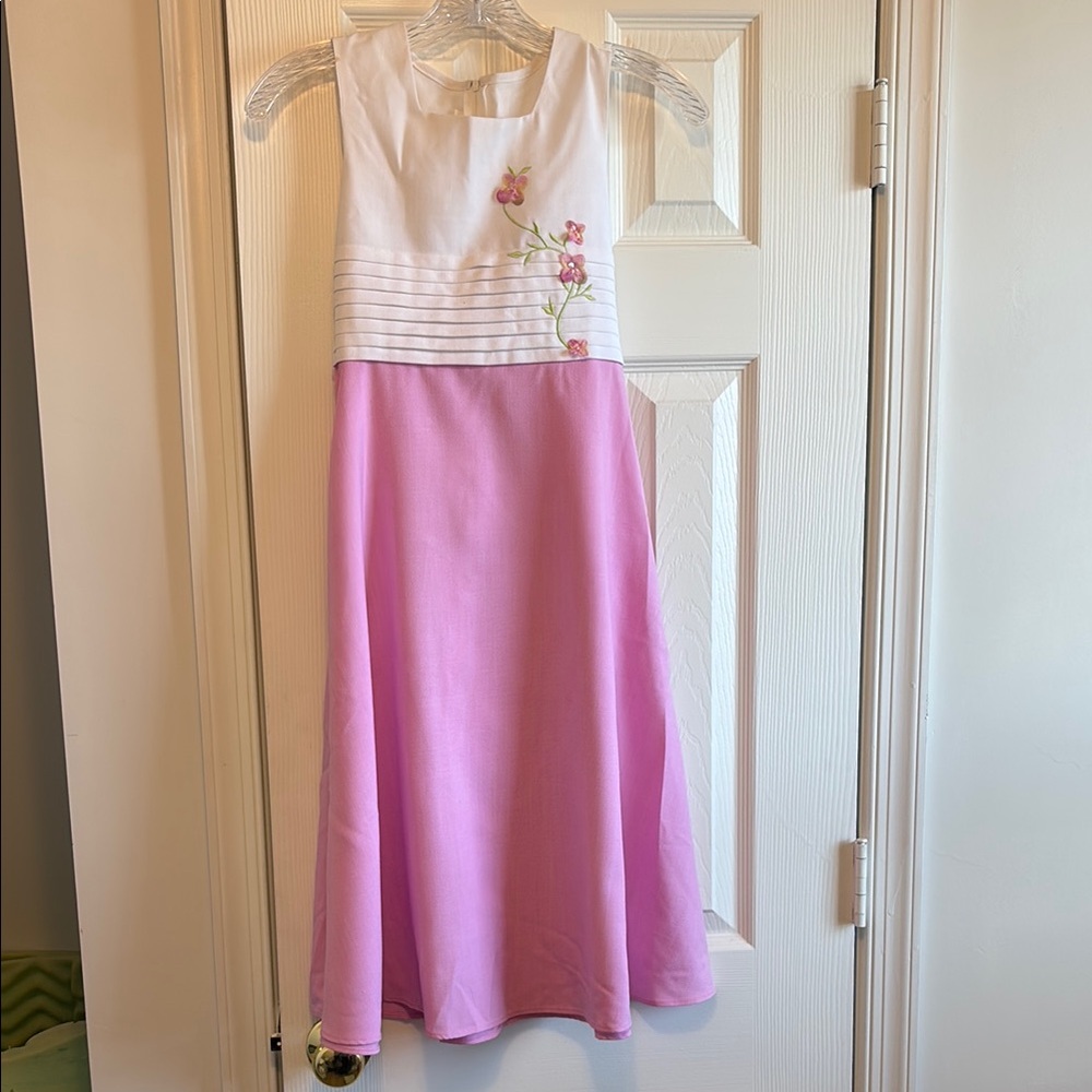 Floral Embroidered Pink and White Dress